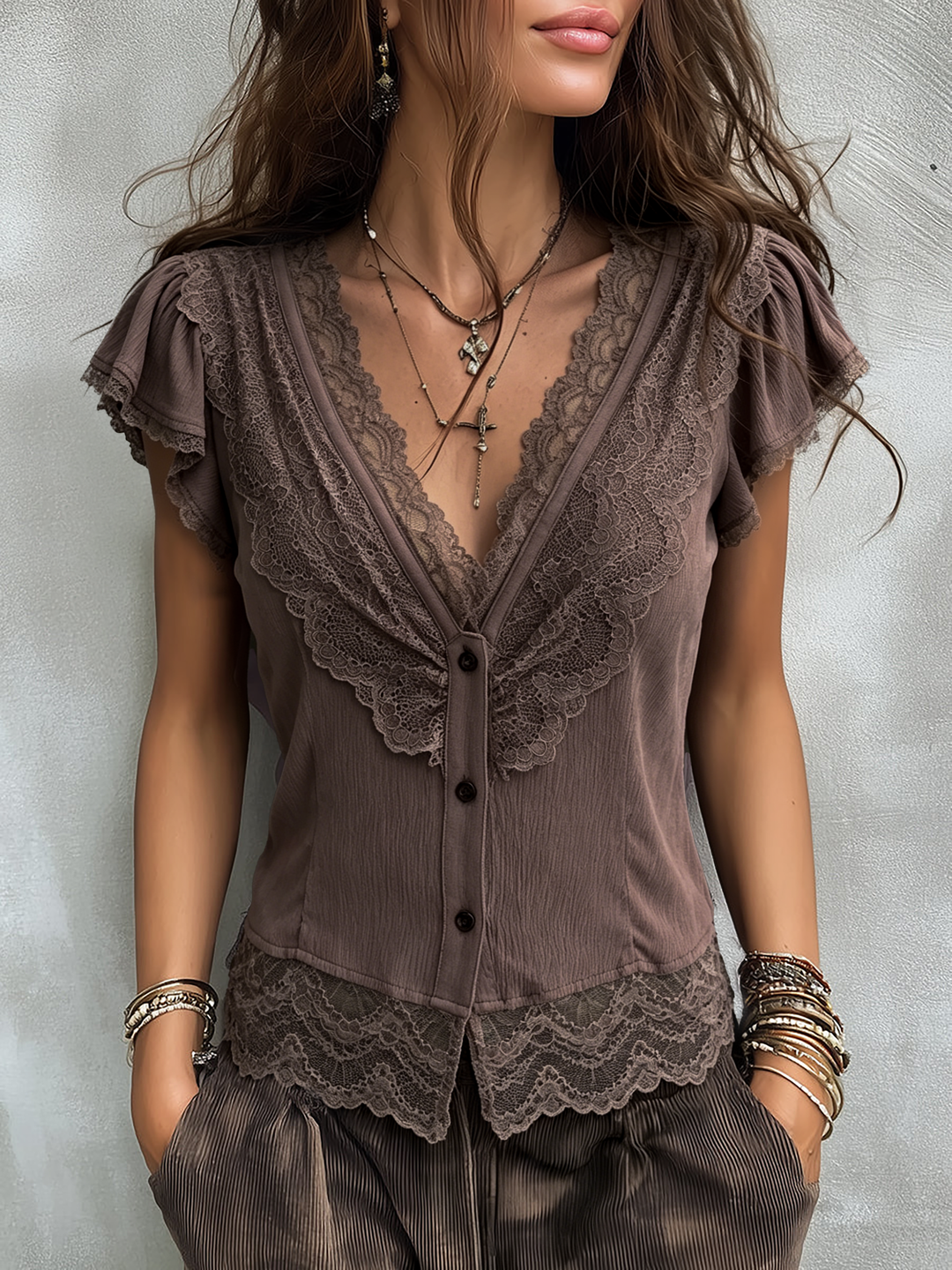 Vintage tencel V-neck lace trim blouse front view