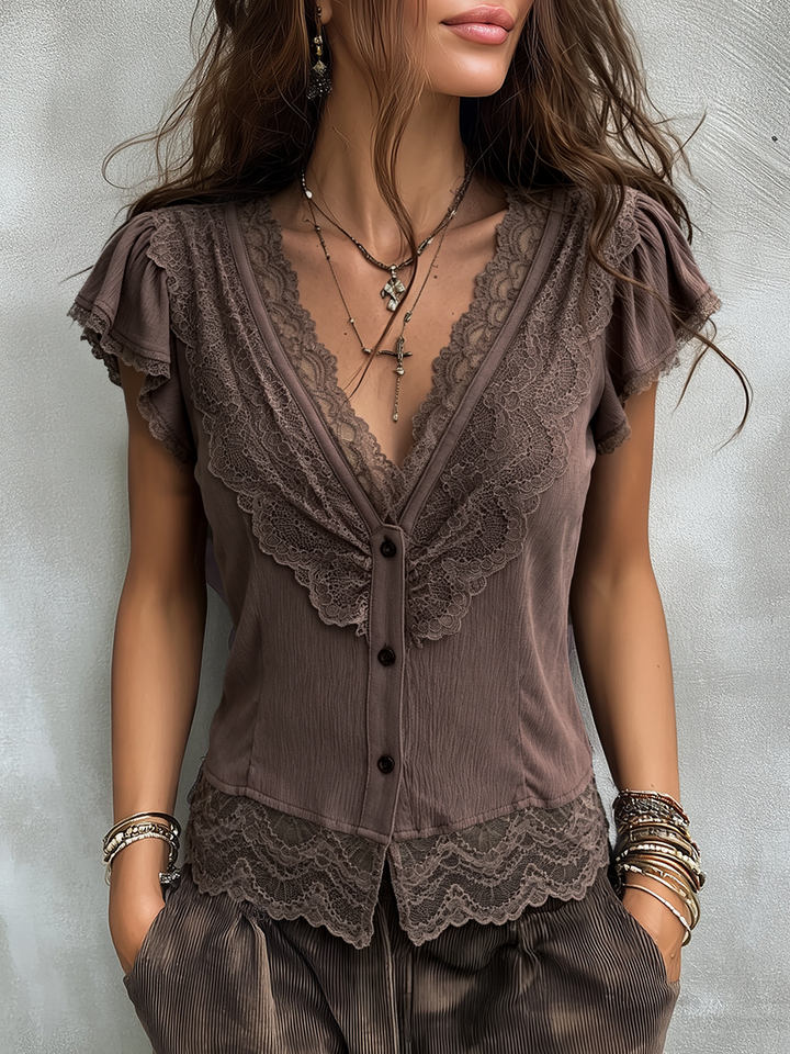 Vintage tencel V-neck lace trim blouse front view