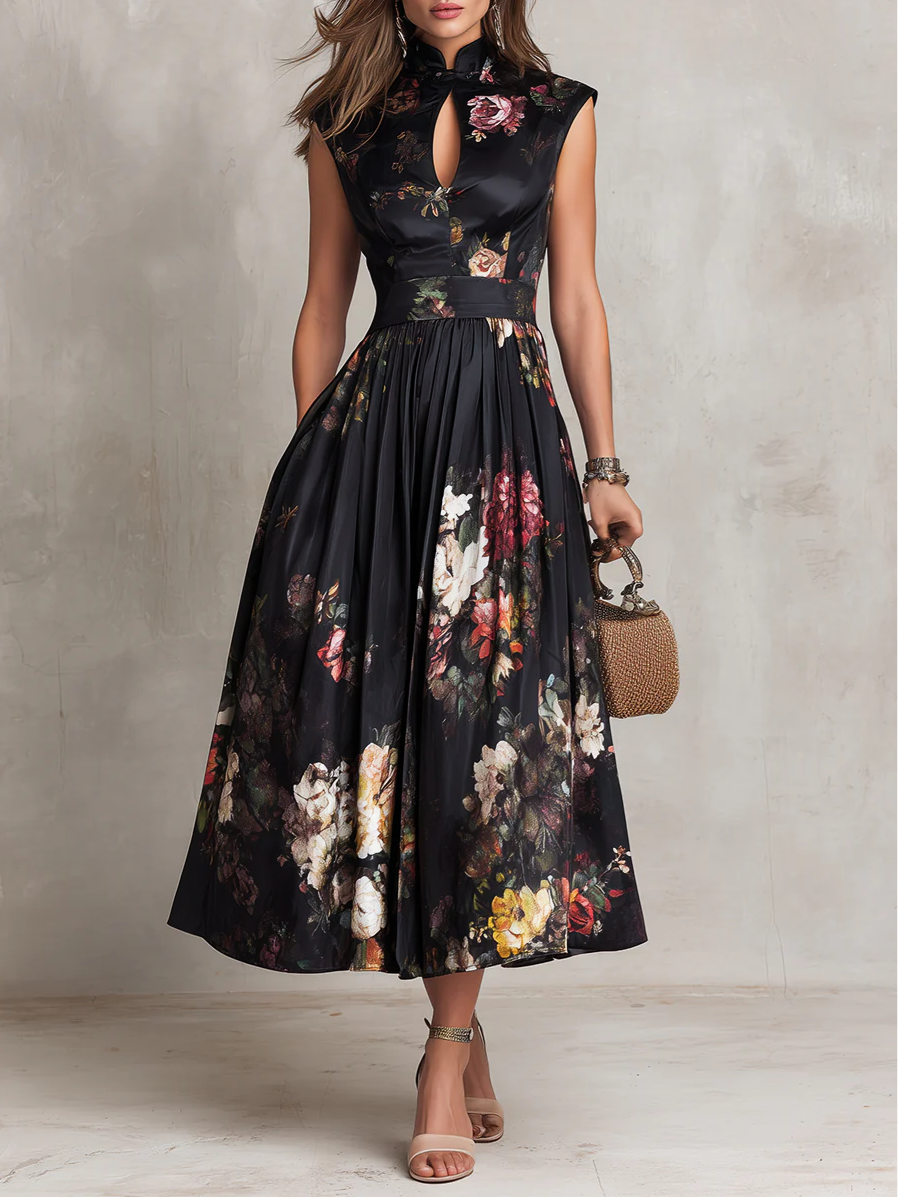 Keyhole collar pleated satin midi dress front view