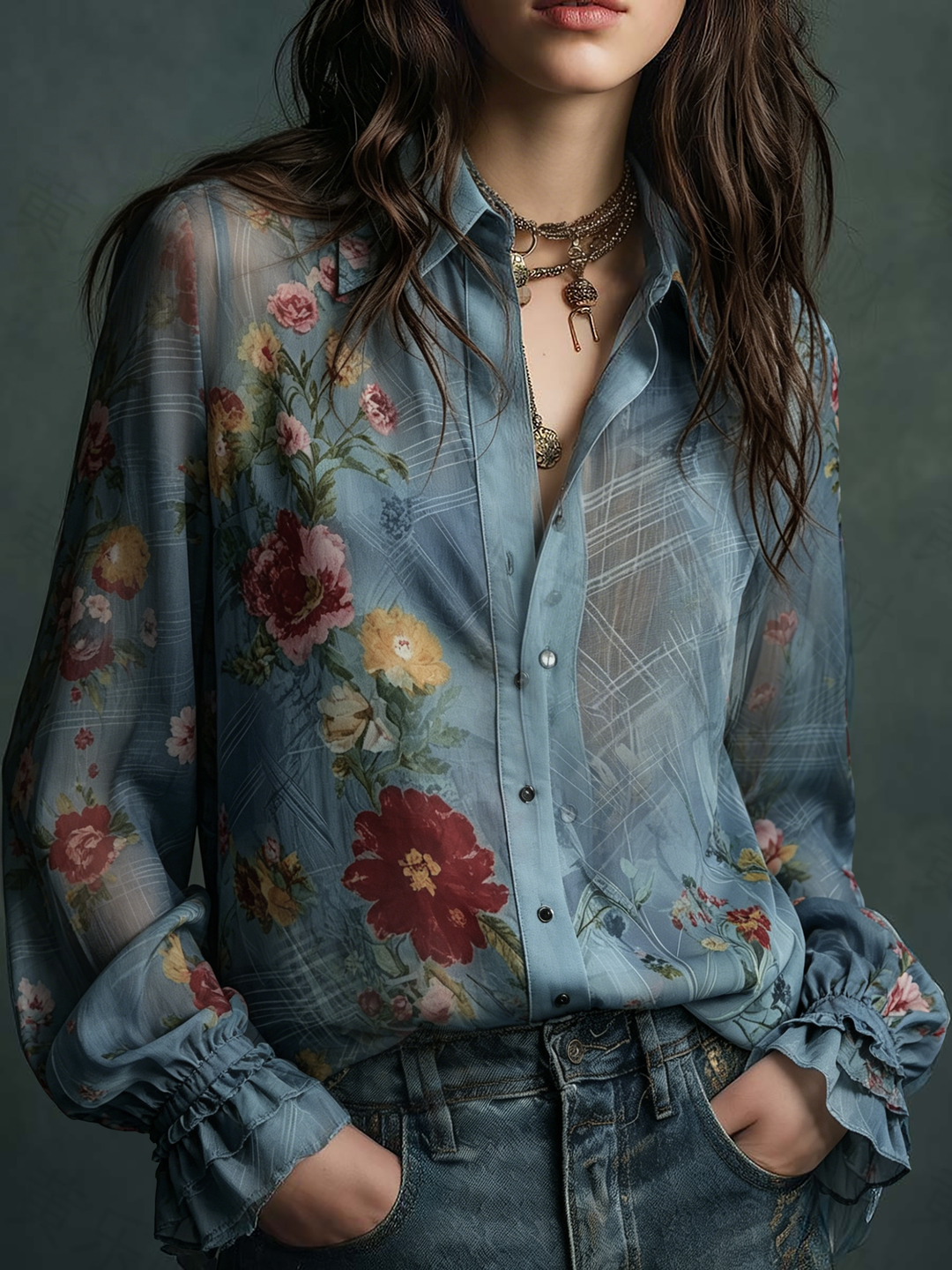 Vintage boho sheer floral button-up blouse front view