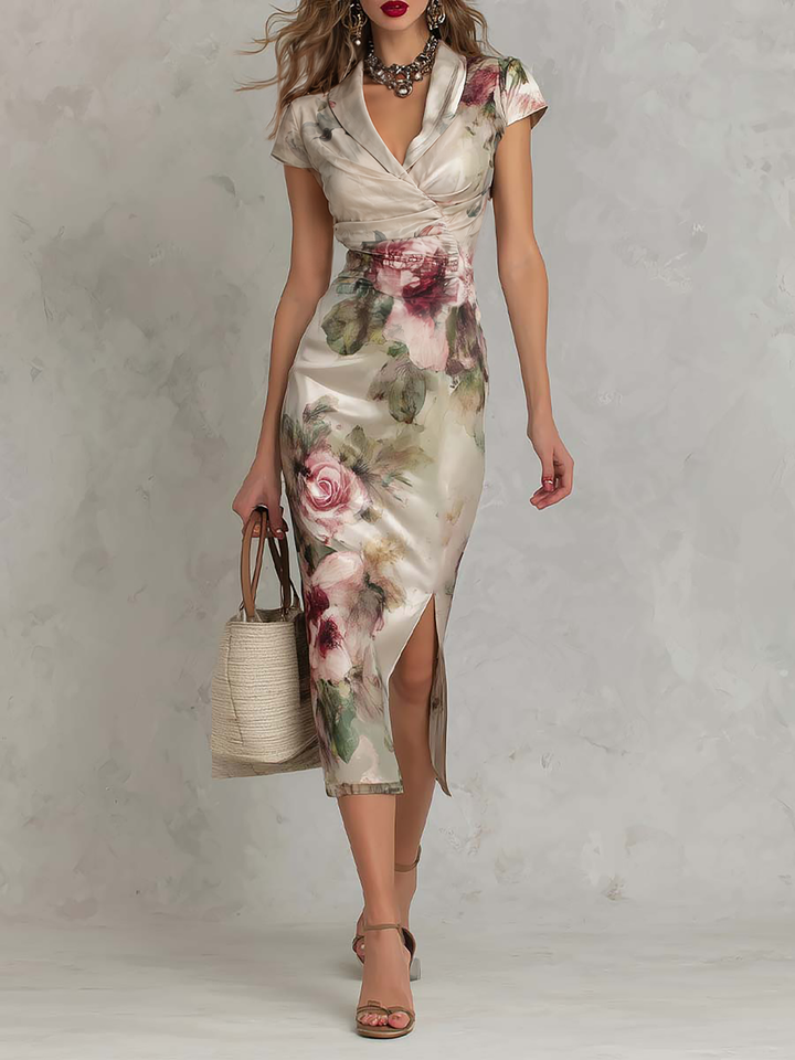 Satin floral ruched midi dress side slit front view
