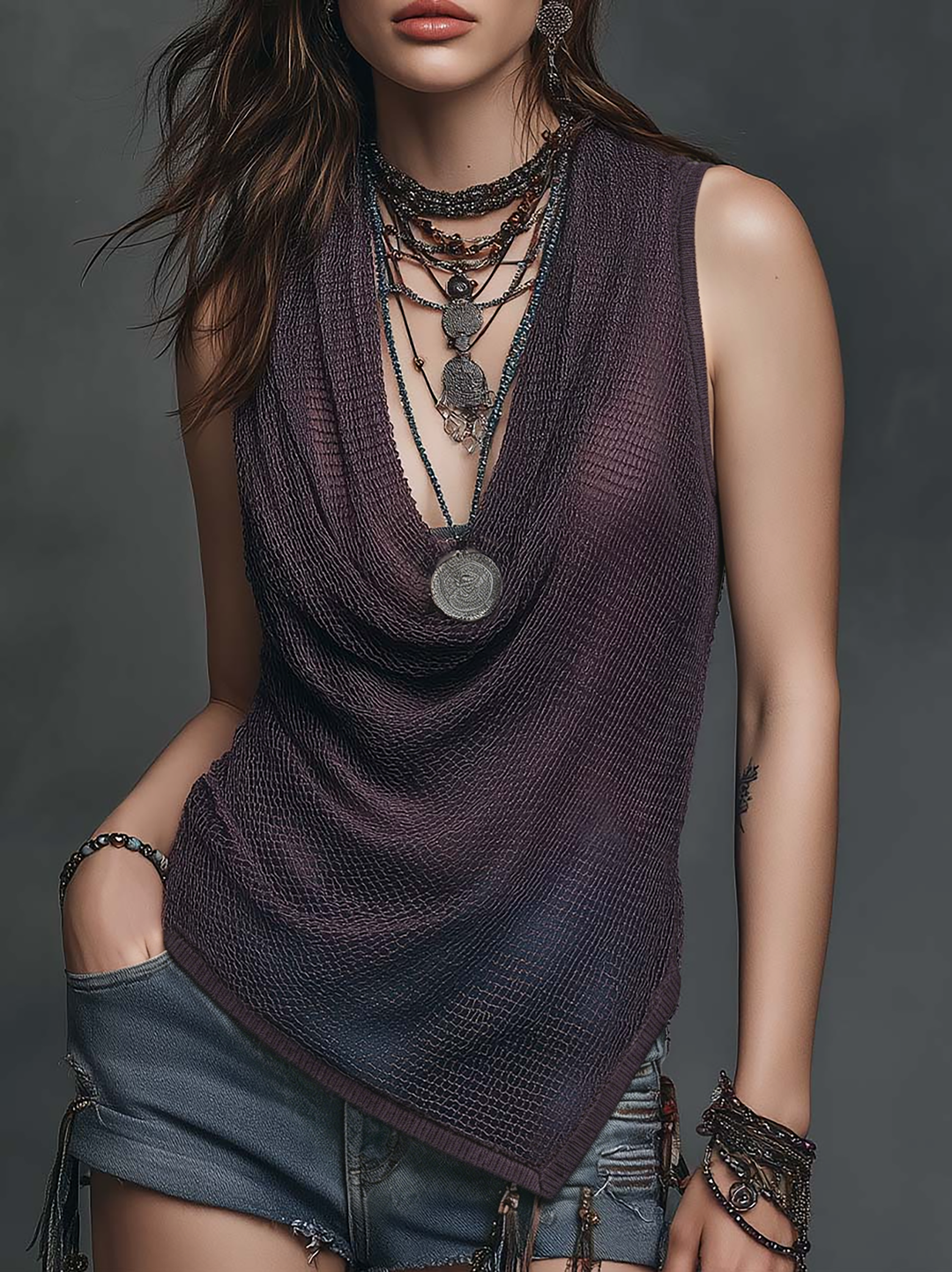 Boho asymmetrical hem knit top front view