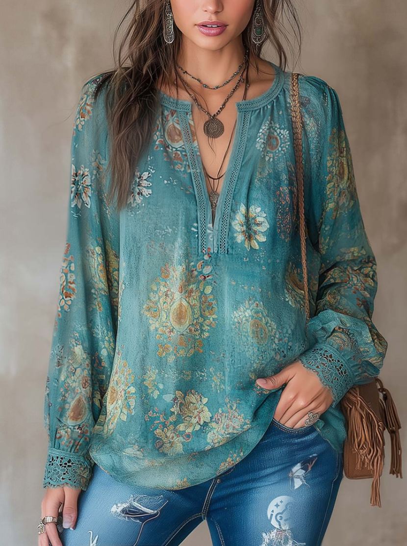 Vintage ethnic style floral lace blouse front view