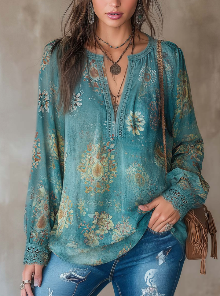 Vintage ethnic style floral lace blouse front view