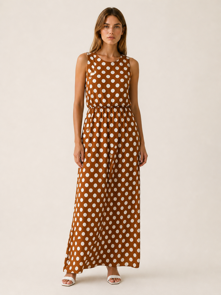 Brown Polka Dot Maxi Dress with Gathered Waist – front view