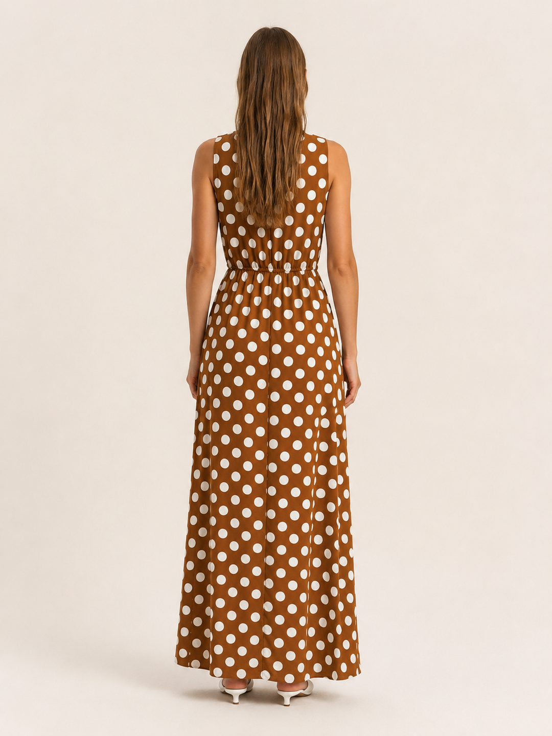 Brown Polka Dot Maxi Dress with Gathered Waist – side view