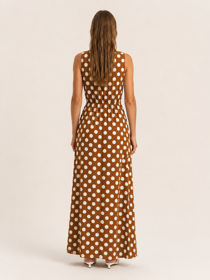 Brown Polka Dot Maxi Dress with Gathered Waist – side view