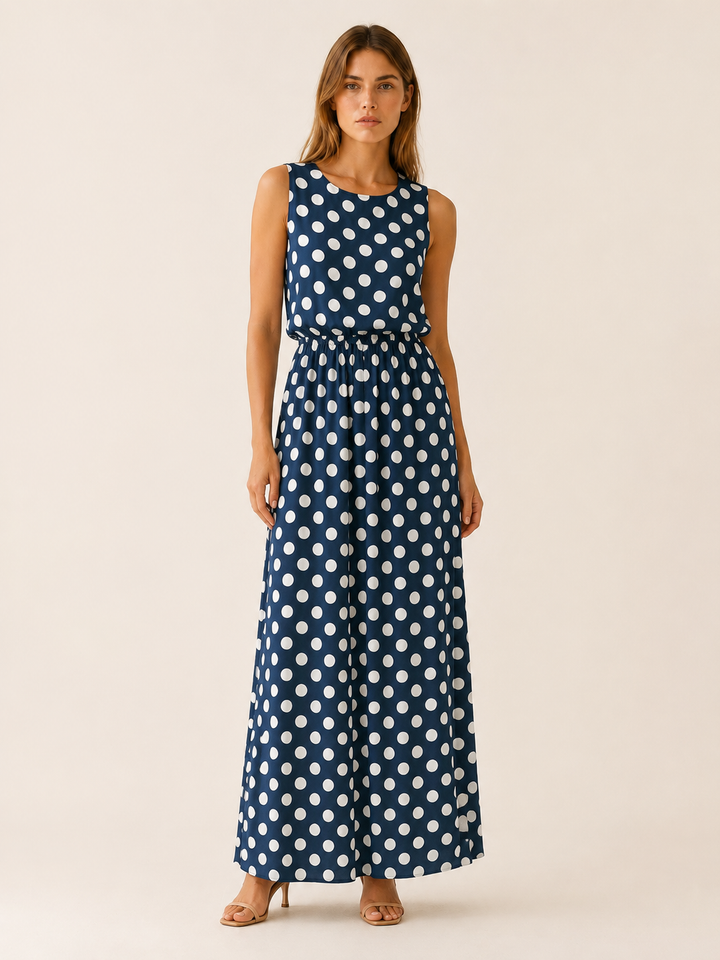 Black Polka Dot Maxi Dress with Gathered Waist – close-up