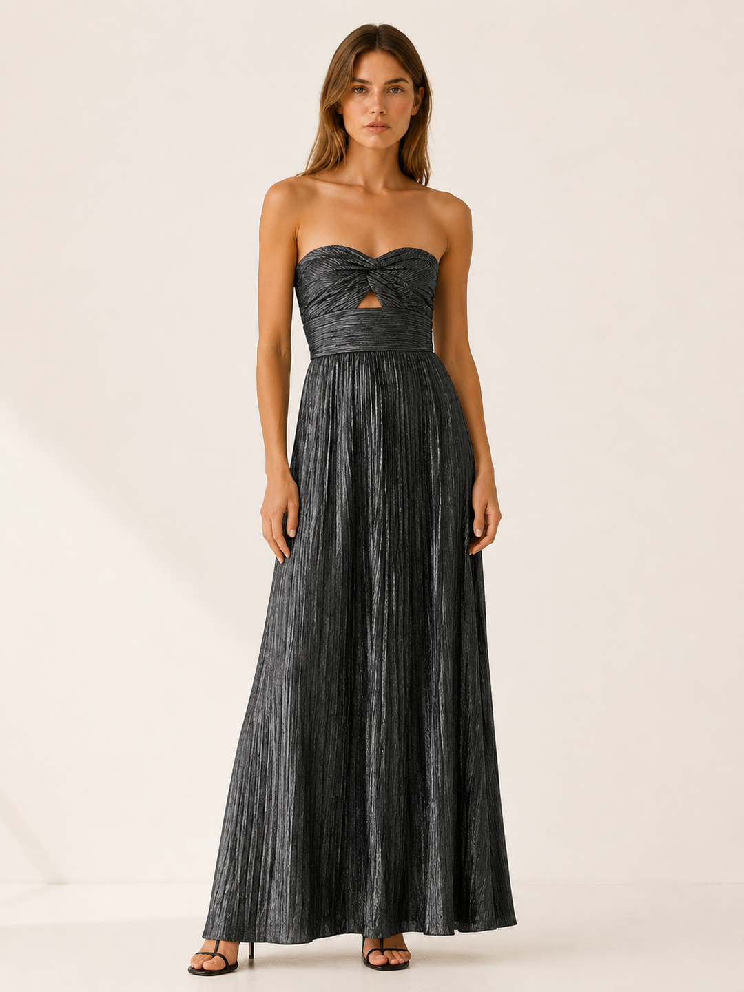 Black Metallic Maxi Dress with Strapless Pleated Design – front view