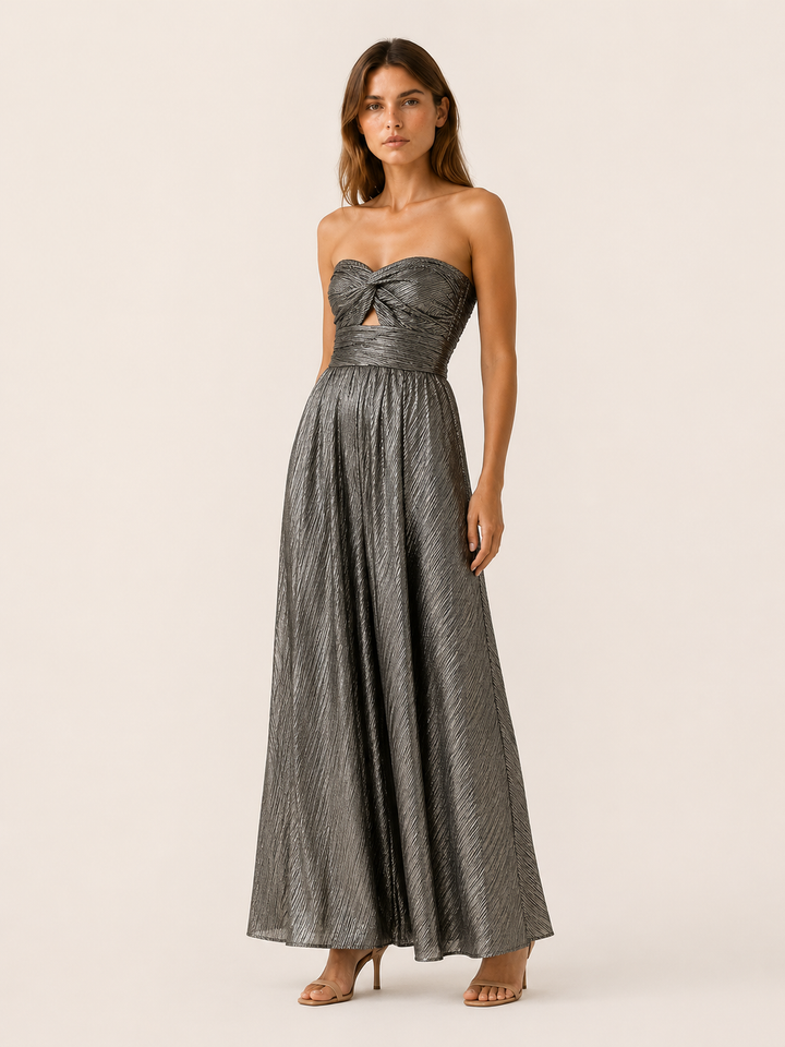 Black Metallic Maxi Dress with Strapless Pleated Design – detail view