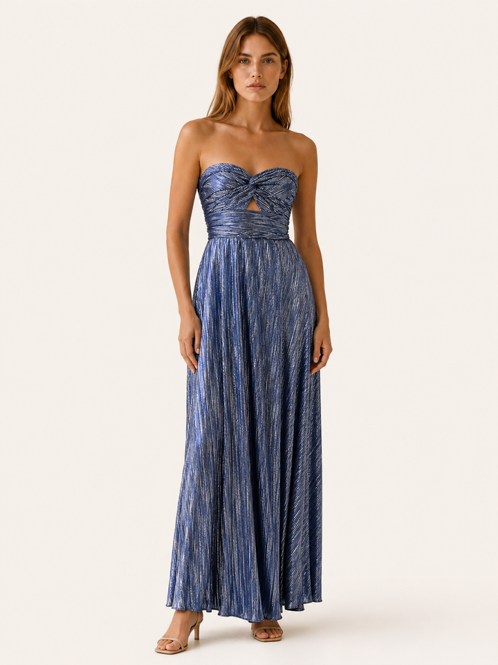 Black Metallic Maxi Dress with Strapless Pleated Design – close-up