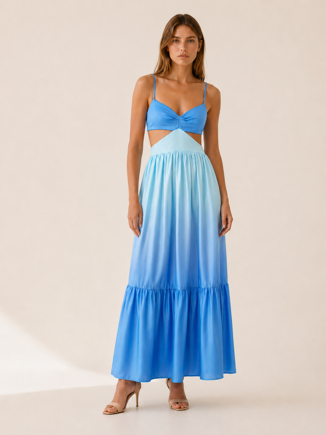 Blue Cut Out Maxi Dress with Tiered Skirt – front view