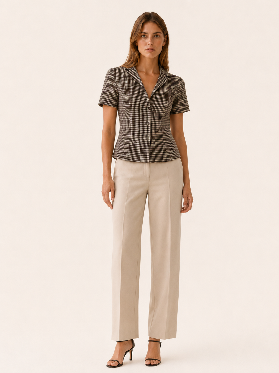Brown Gingham Blouse with Tie Back – front view