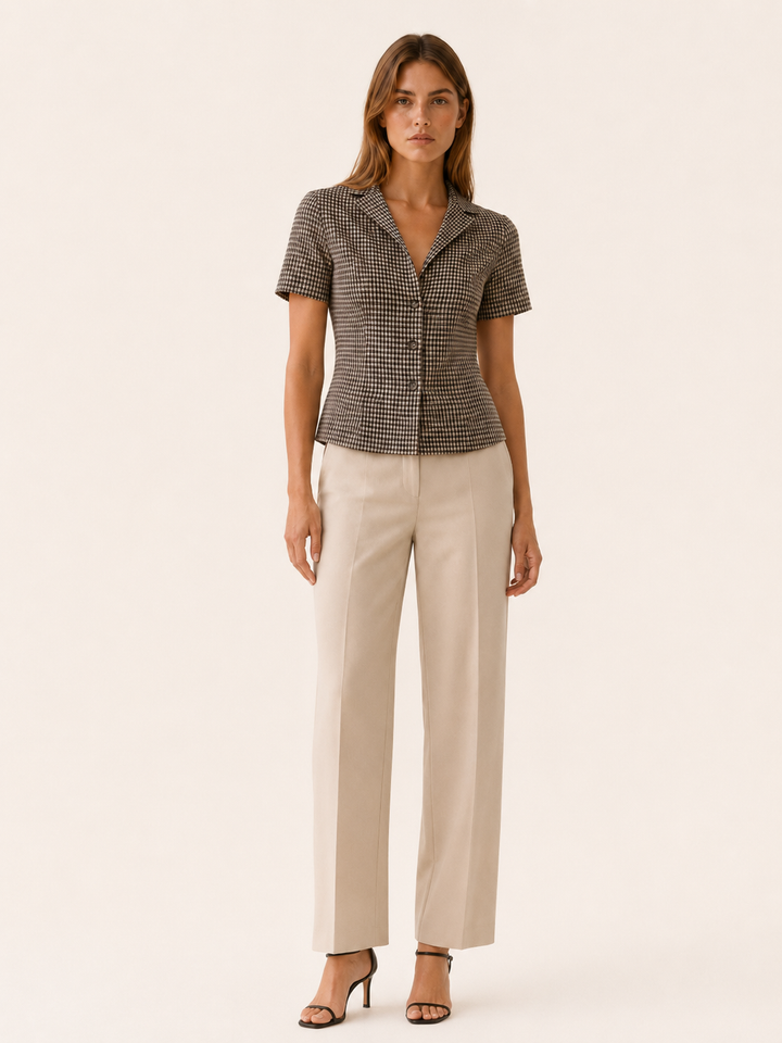 Brown Gingham Blouse with Tie Back – front view