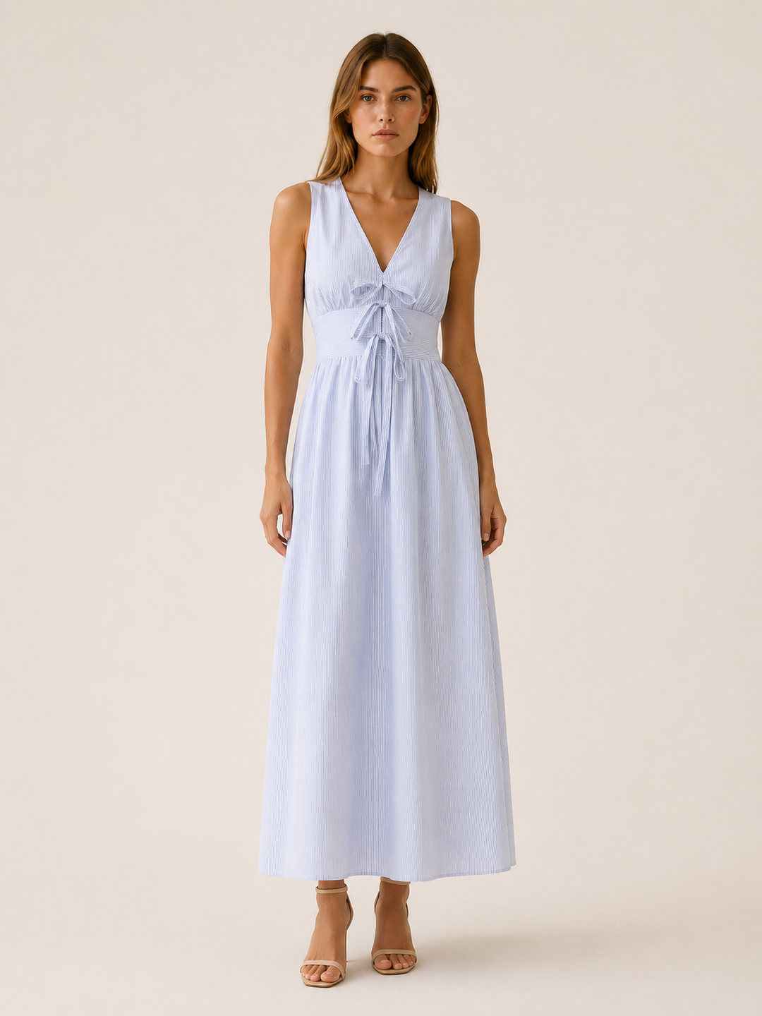 Blue Maxi Dress with V Neck and Tie Front – front view