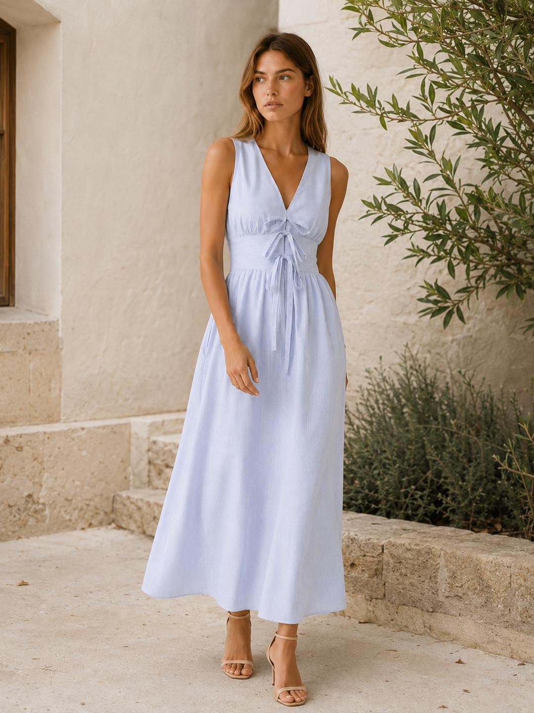 Blue Maxi Dress with V Neck and Tie Front – back view