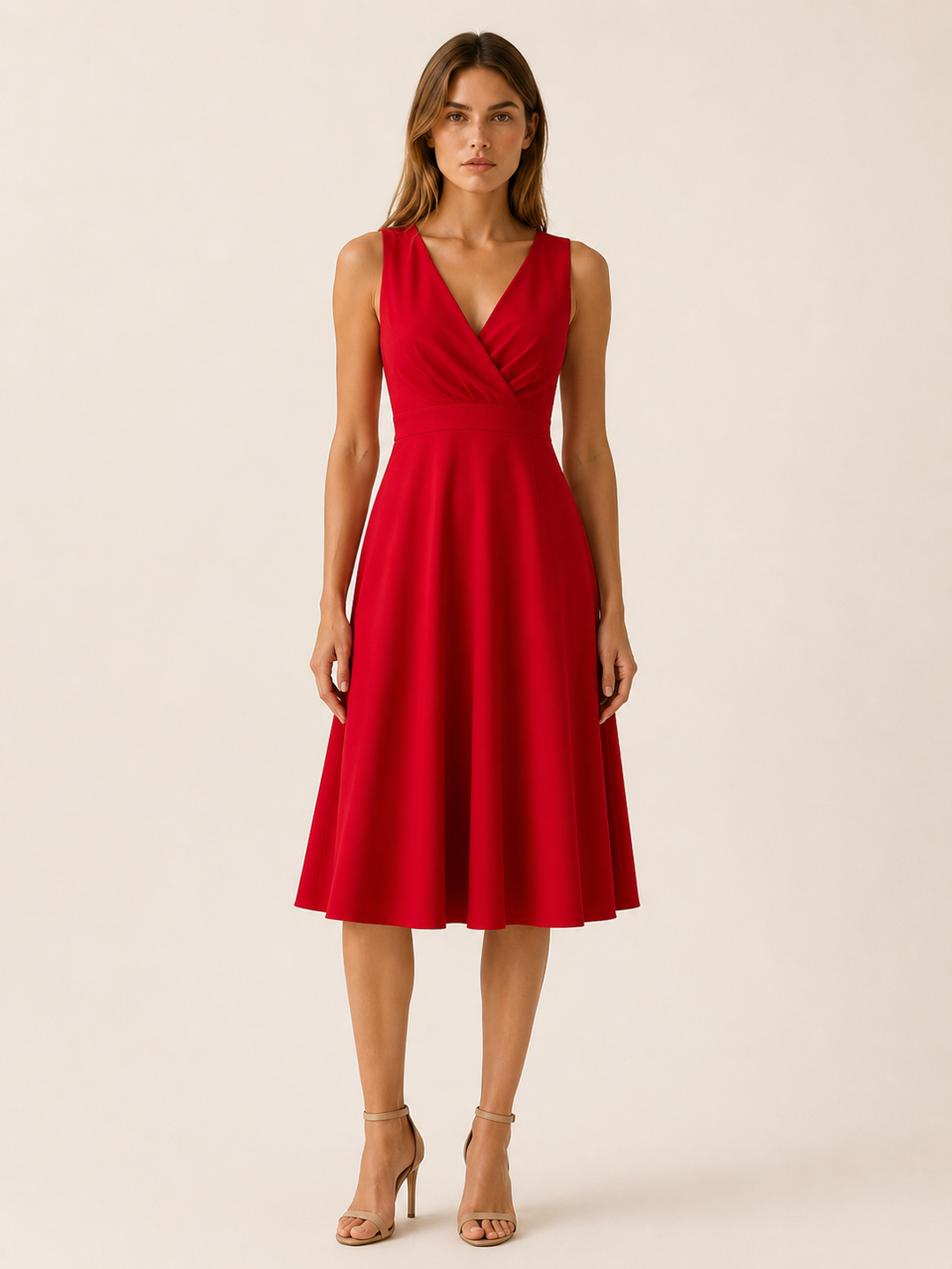 Red V Neck Midi Dress with A-Line Skirt – front view