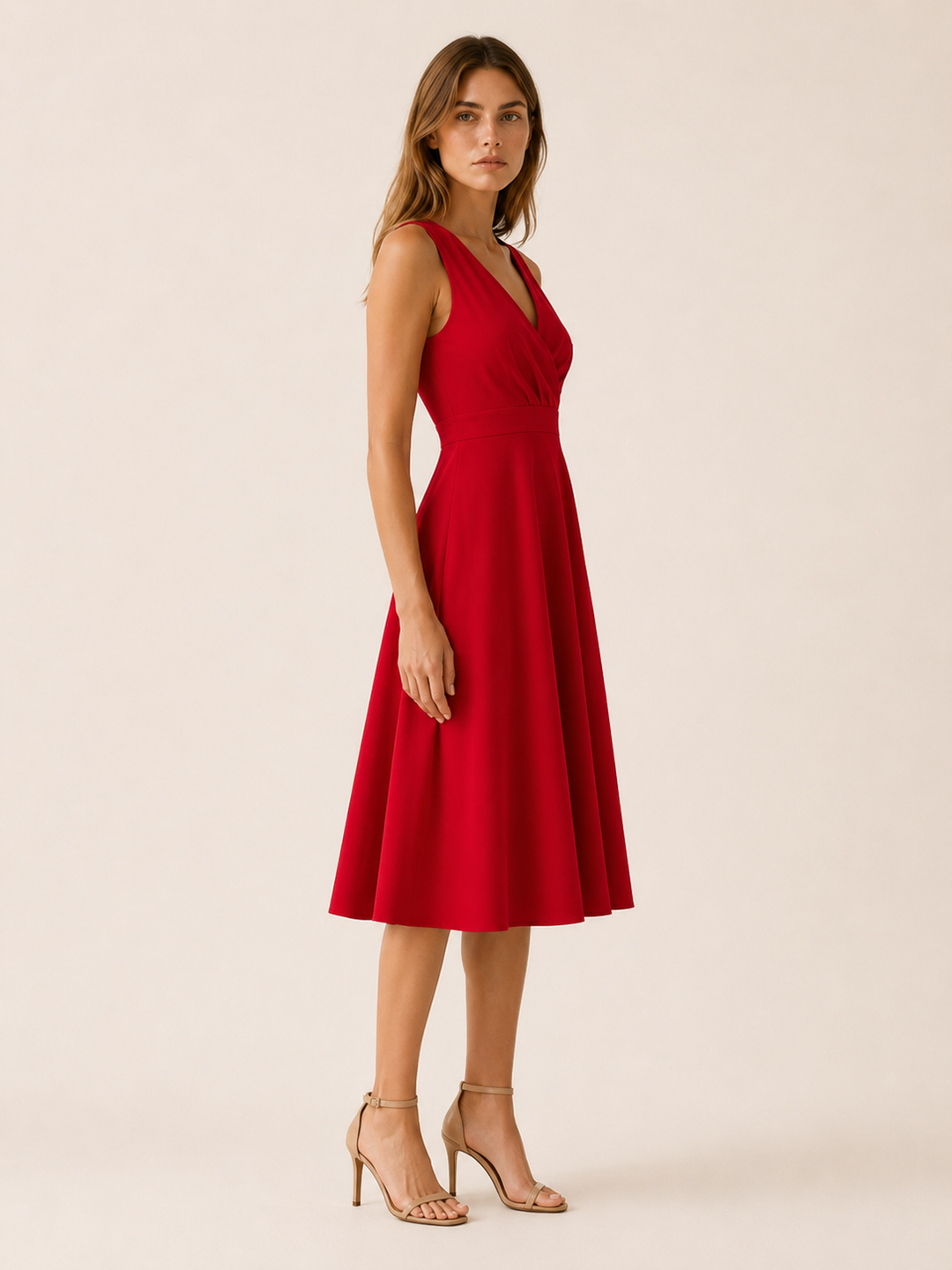 Apricot V Neck Midi Dress with A-Line Skirt – side view