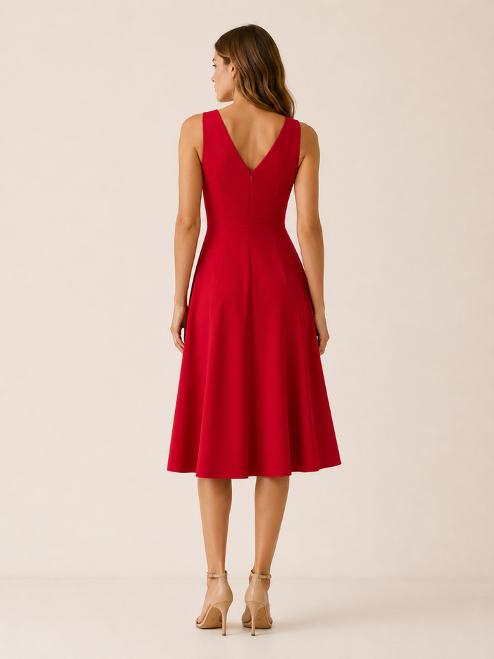 Red V Neck Midi Dress with A-Line Skirt – back view