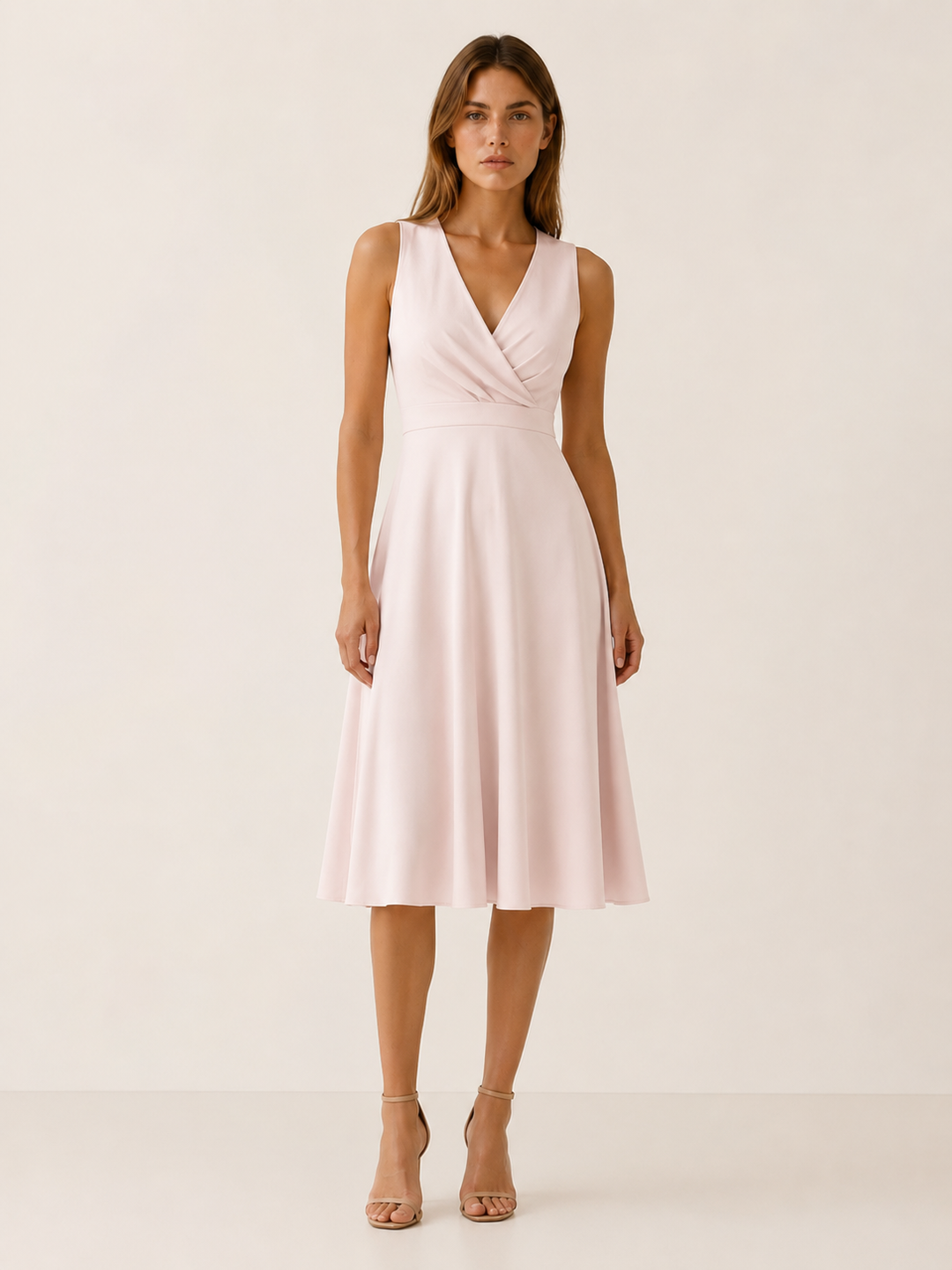 Apricot V Neck Midi Dress with A-Line Skirt – lifestyle