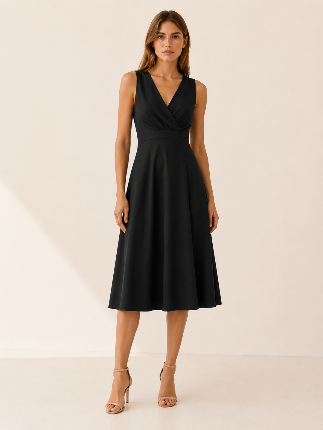 Red V Neck Midi Dress with A-Line Skirt – full length view