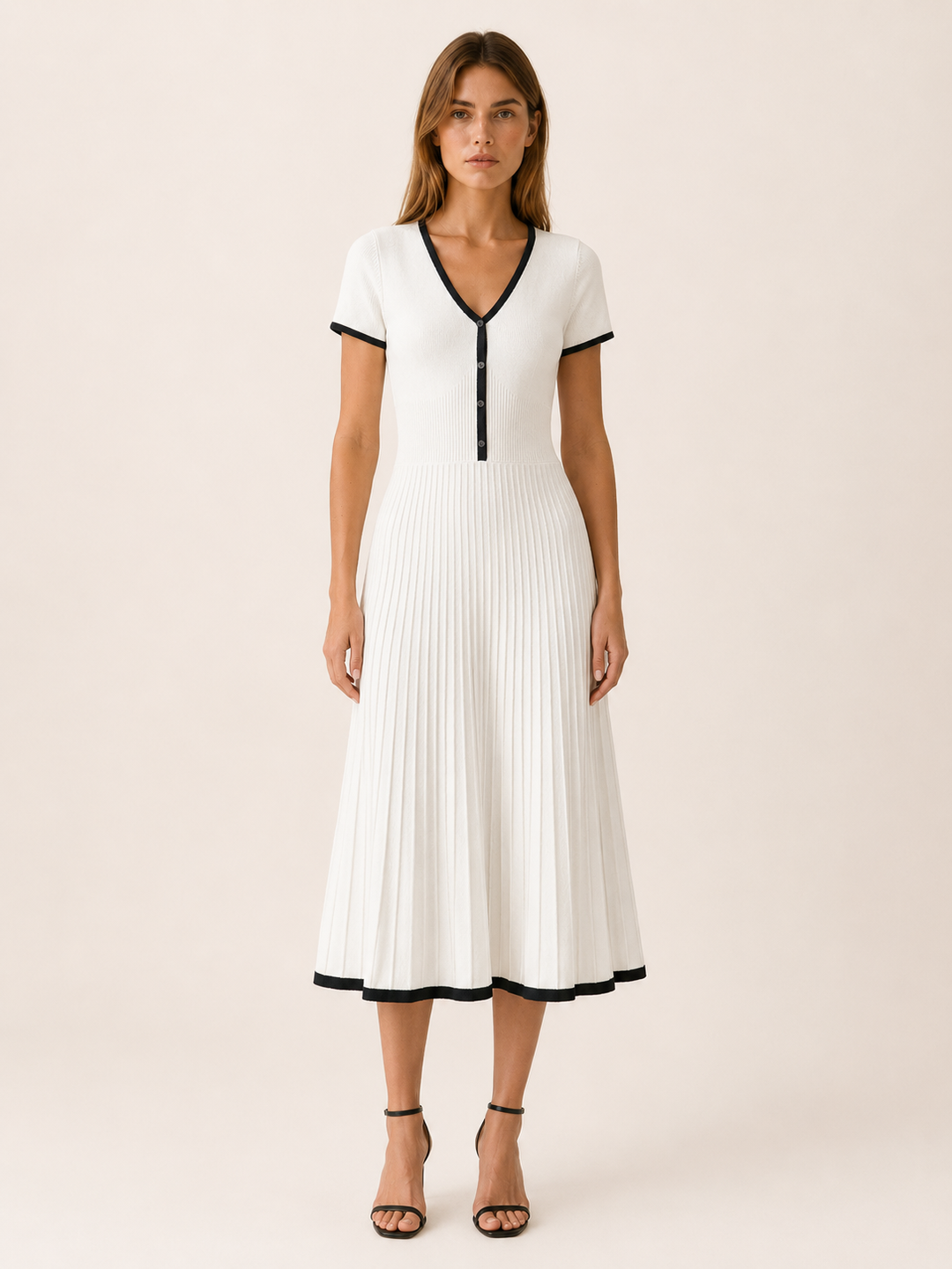 White Knit Midi Dress with Contrast Trim – front view