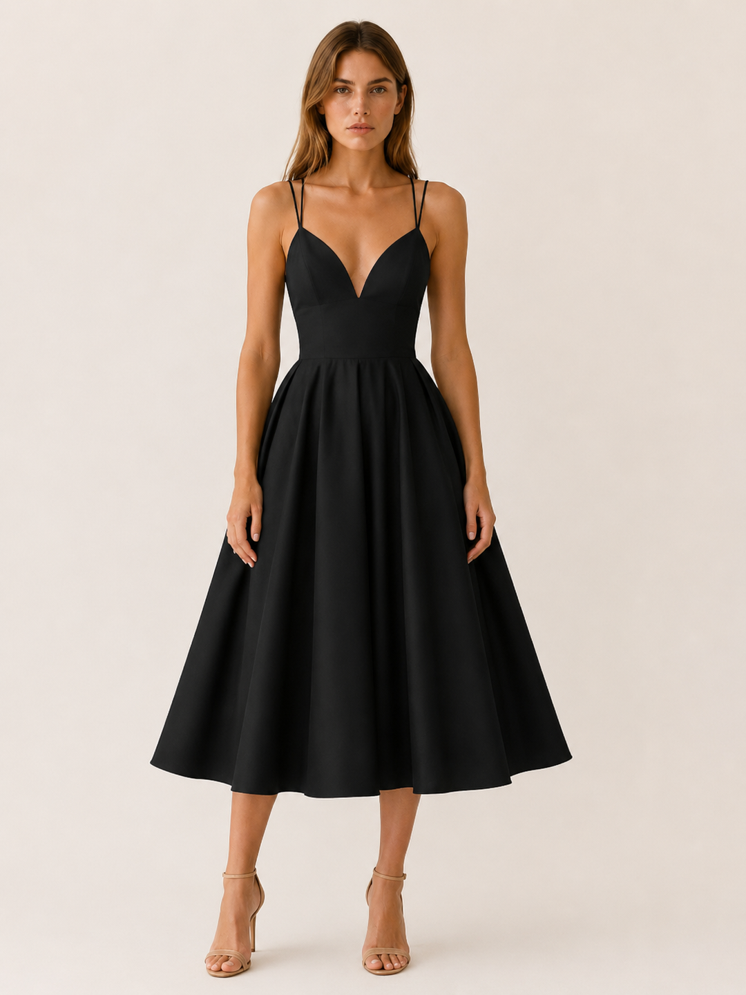 Black Strappy Midi Dress with Cross Back Detail – front view