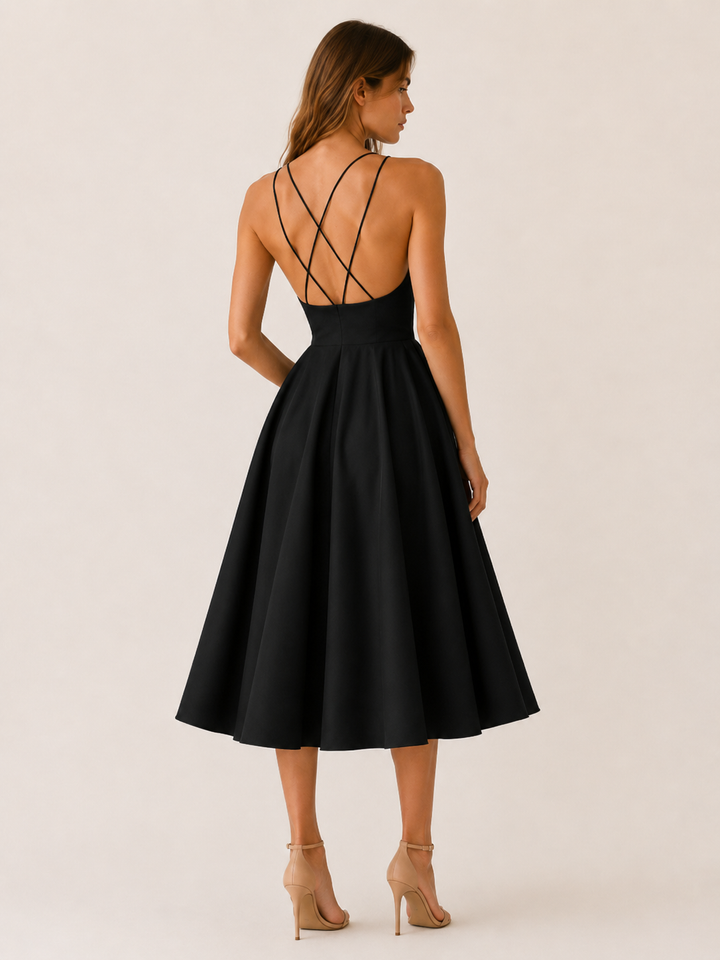 Black Strappy Midi Dress with Cross Back Detail – back view