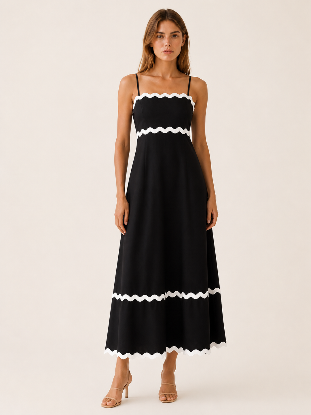 White Blue Scalloped Maxi Dress with Ric Rac Trim – front view