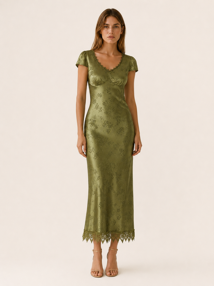 Green Satin Maxi Dress with Lace Trim – front view