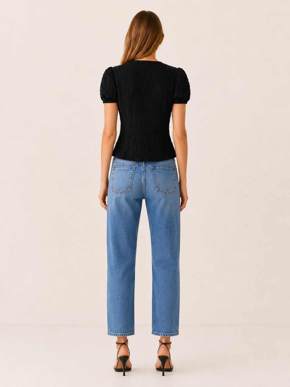 Black Jacquard Blouse with Lace Trim and Puff Sleeves – side view
