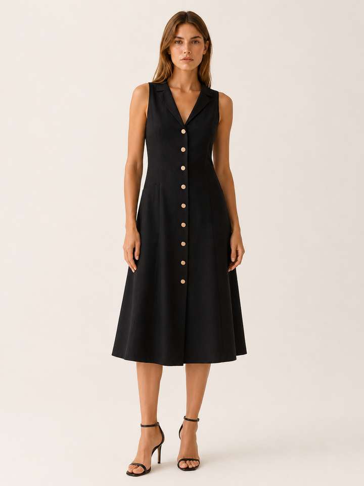 Mara | Button Front Midi Dress with Lapel Collar