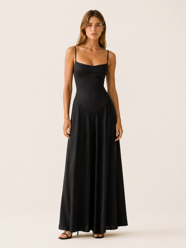 Black Satin Corset Maxi Dress with Lace Up Back – front view