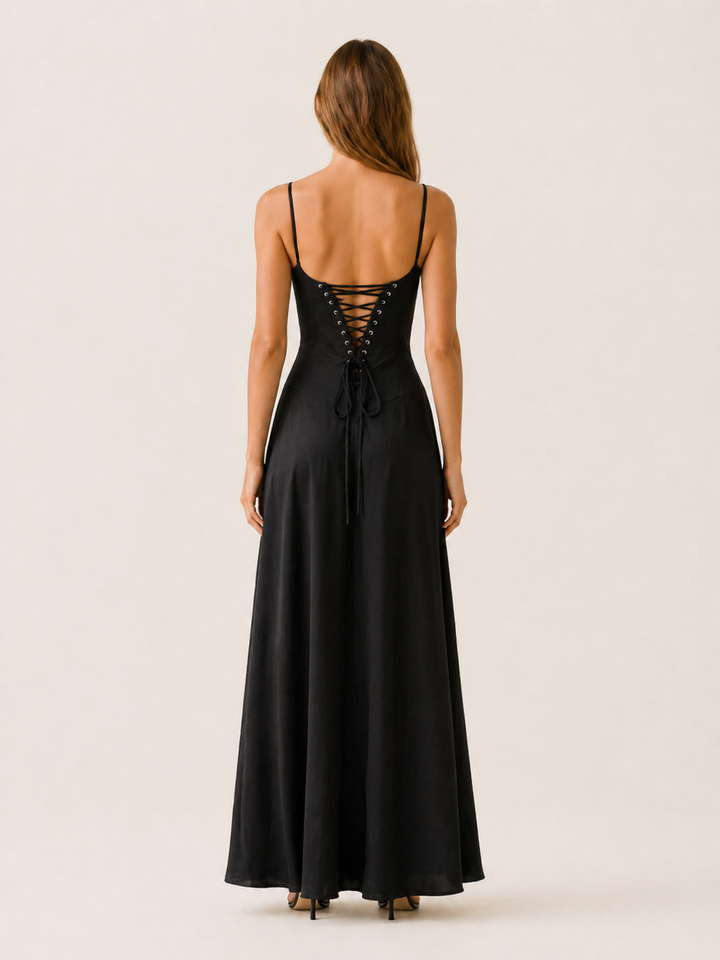 Black Satin Corset Maxi Dress with Lace Up Back – side view