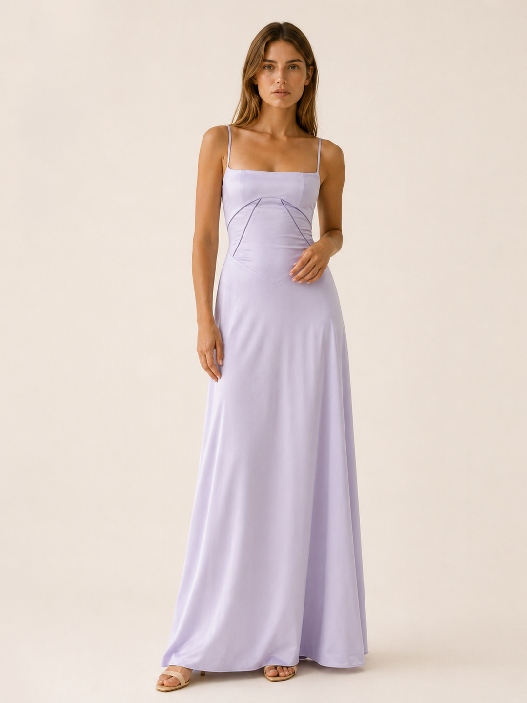 Ivory Satin Corset Maxi Dress with Lace Up Back – close-up