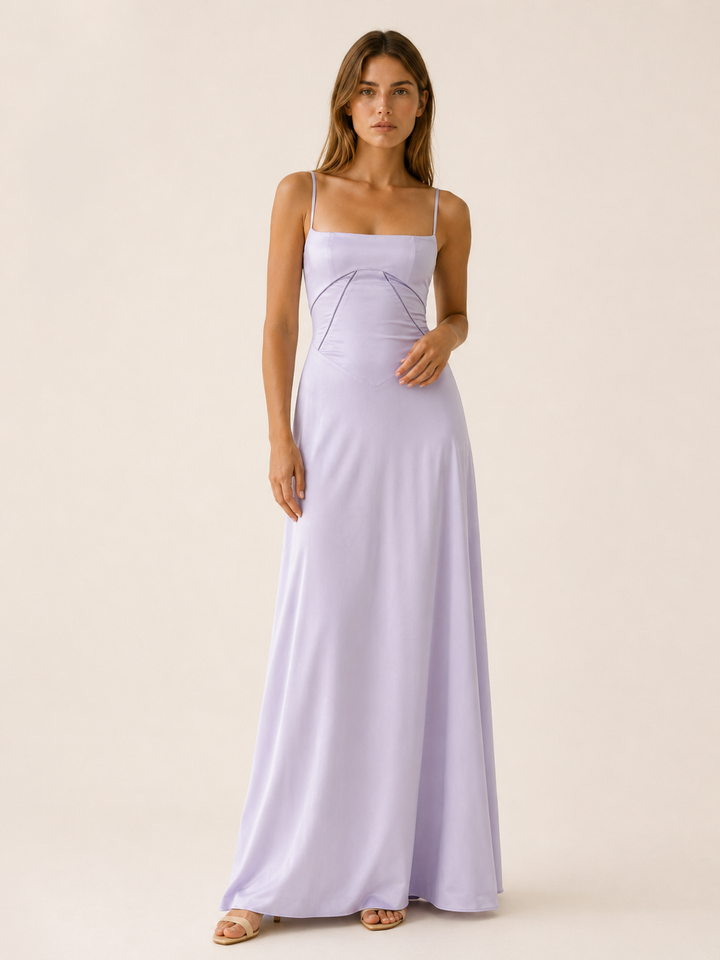 Ivory Satin Corset Maxi Dress with Lace Up Back – close-up