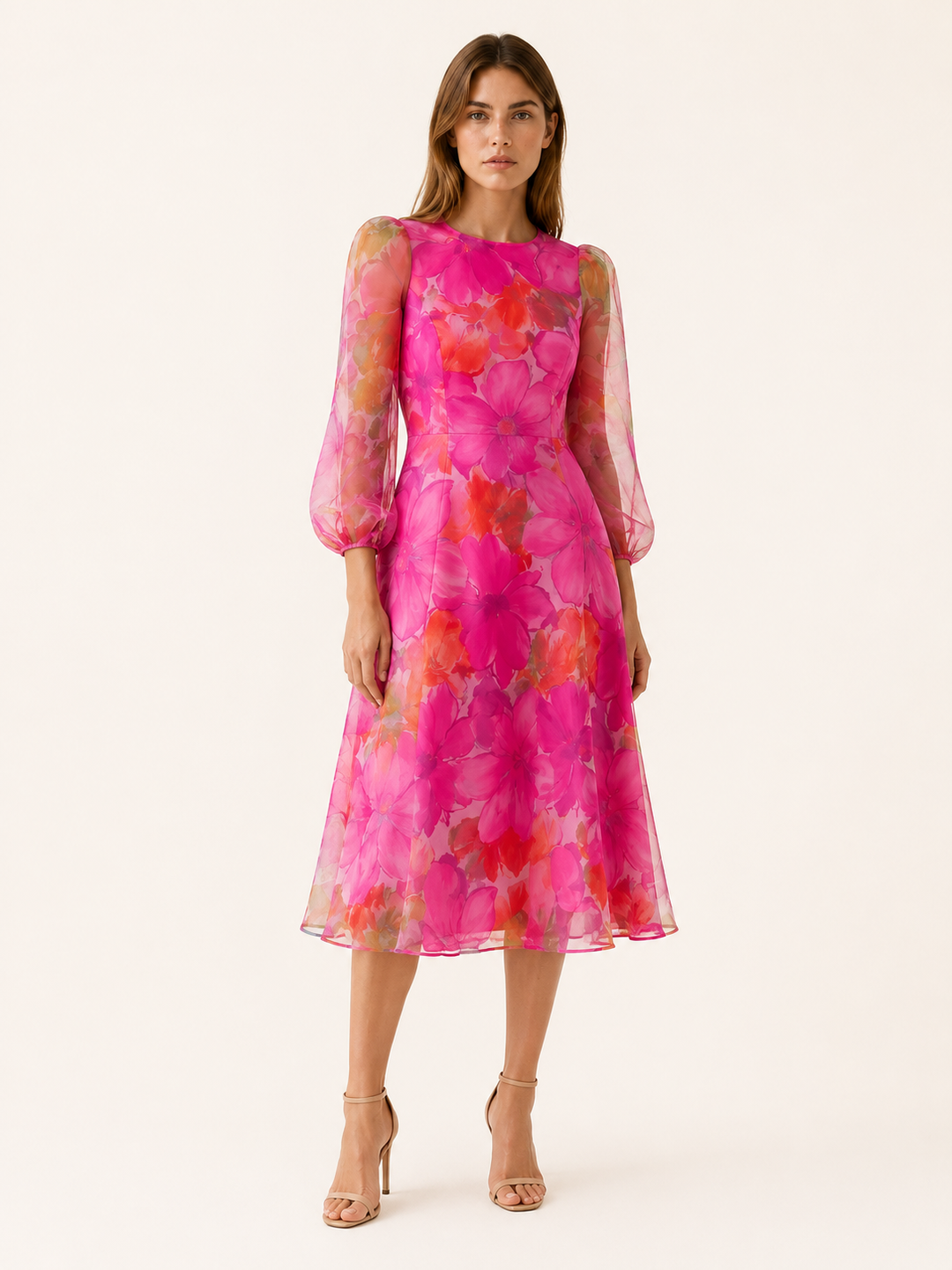 Pink Floral Midi Dress with Sheer Long Sleeves – front view