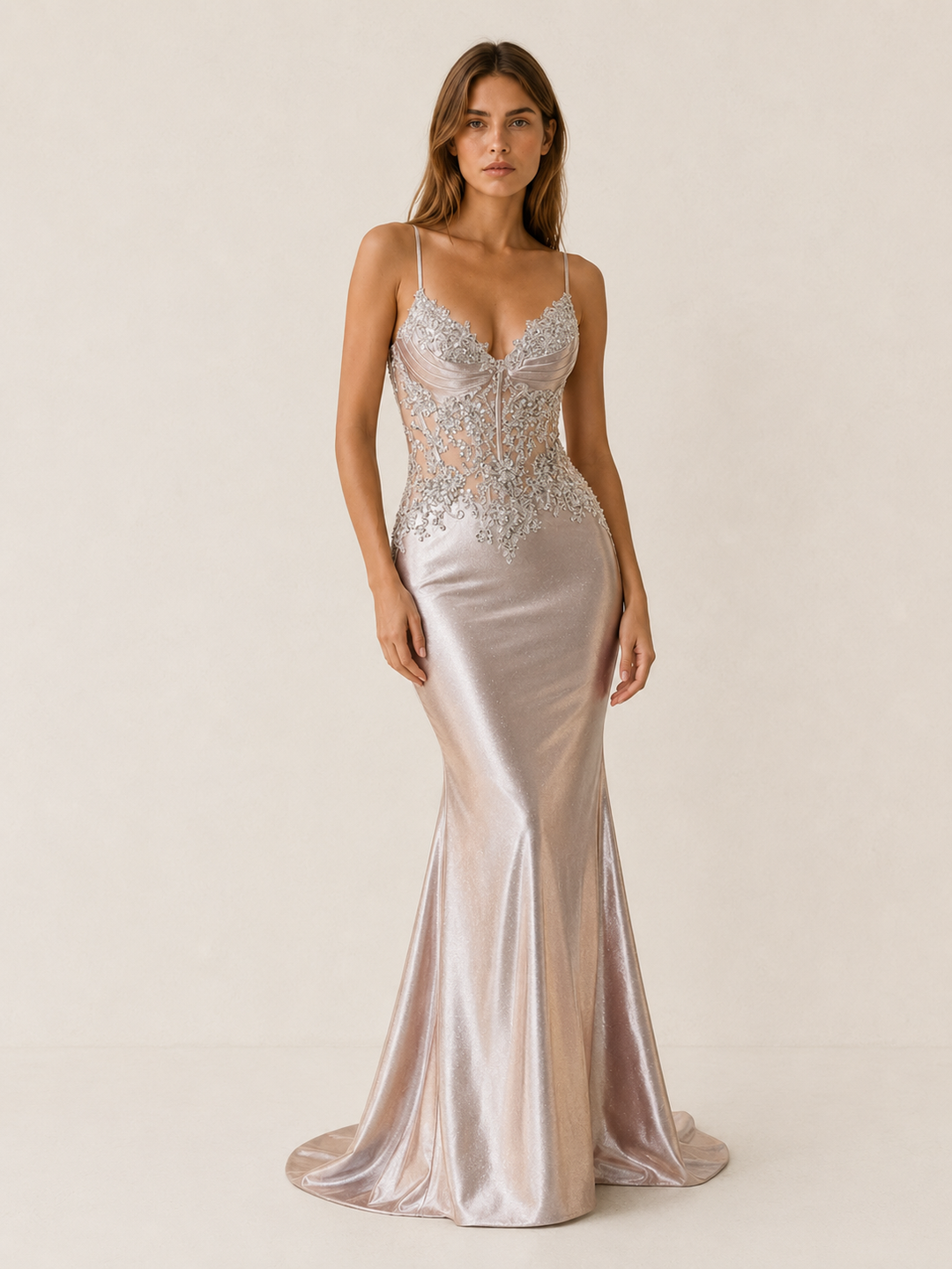 Silver Beaded Bodice Maxi Dress with Mermaid Skirt – detail view