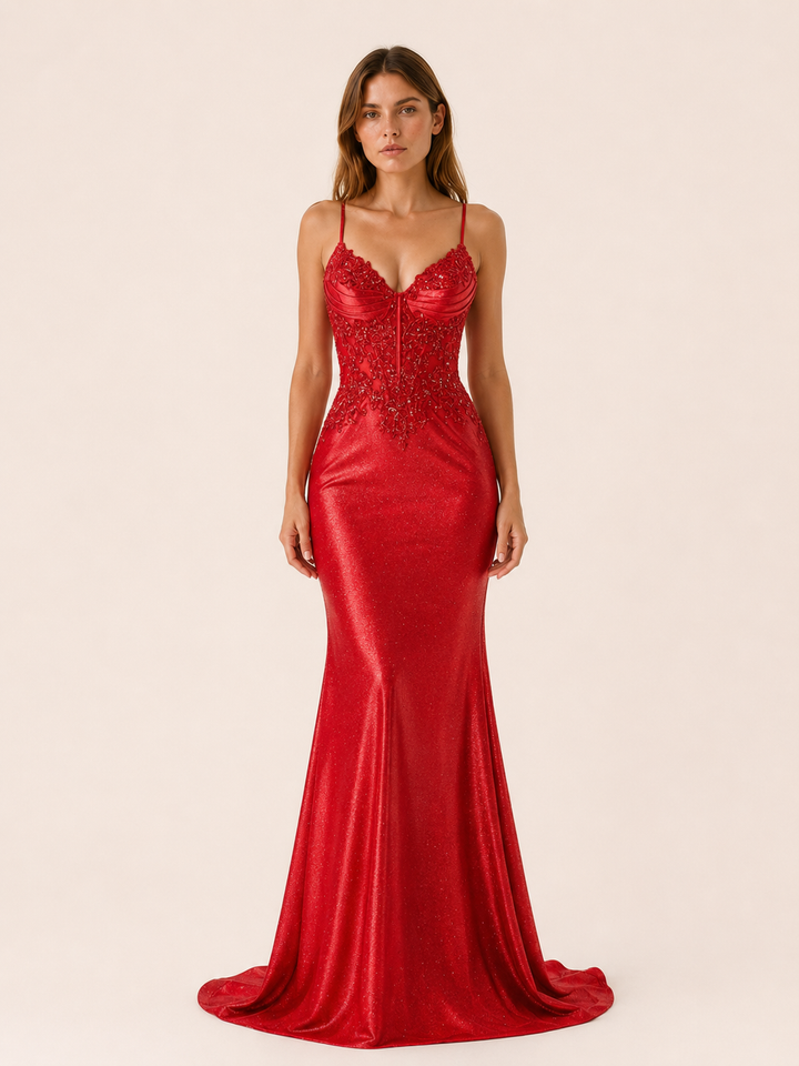 Blue Beaded Bodice Maxi Dress with Mermaid Skirt – full length view