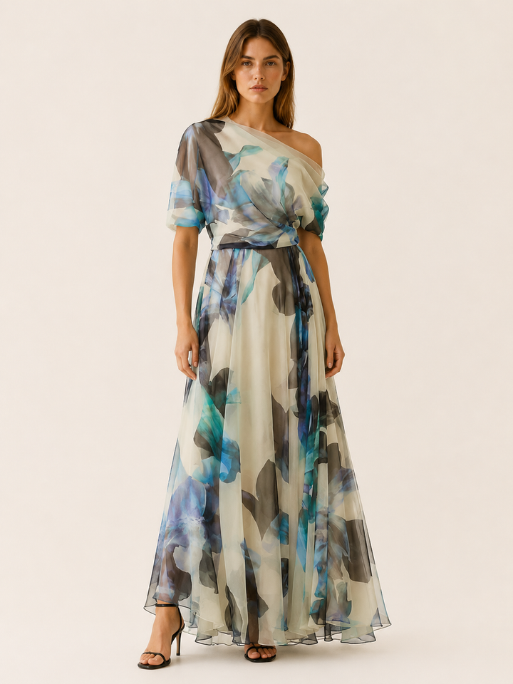 Blue Chiffon Maxi Dress with Asymmetrical Neckline – front view