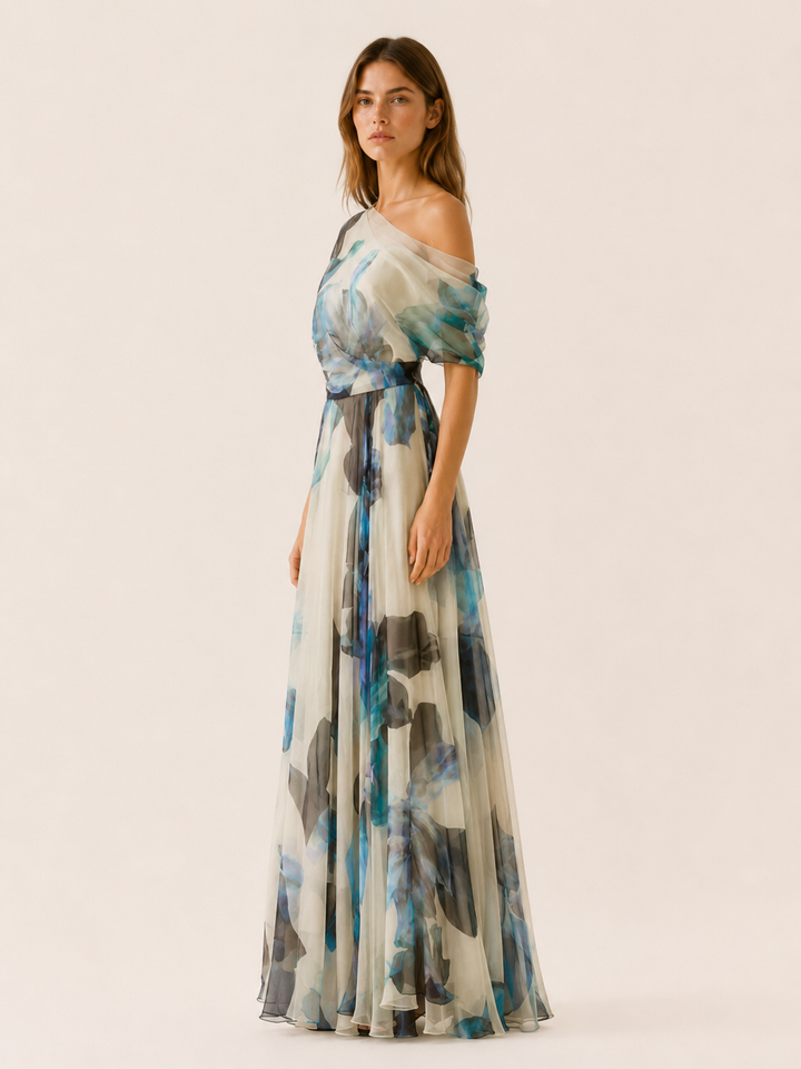 Blue Chiffon Maxi Dress with Asymmetrical Neckline – side view