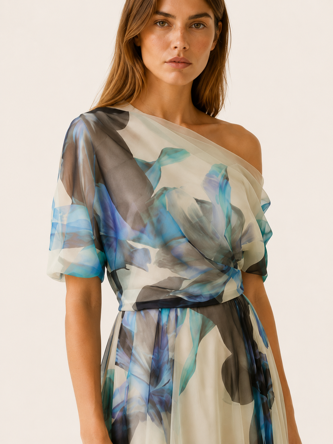 Blue Chiffon Maxi Dress with Asymmetrical Neckline – detail view
