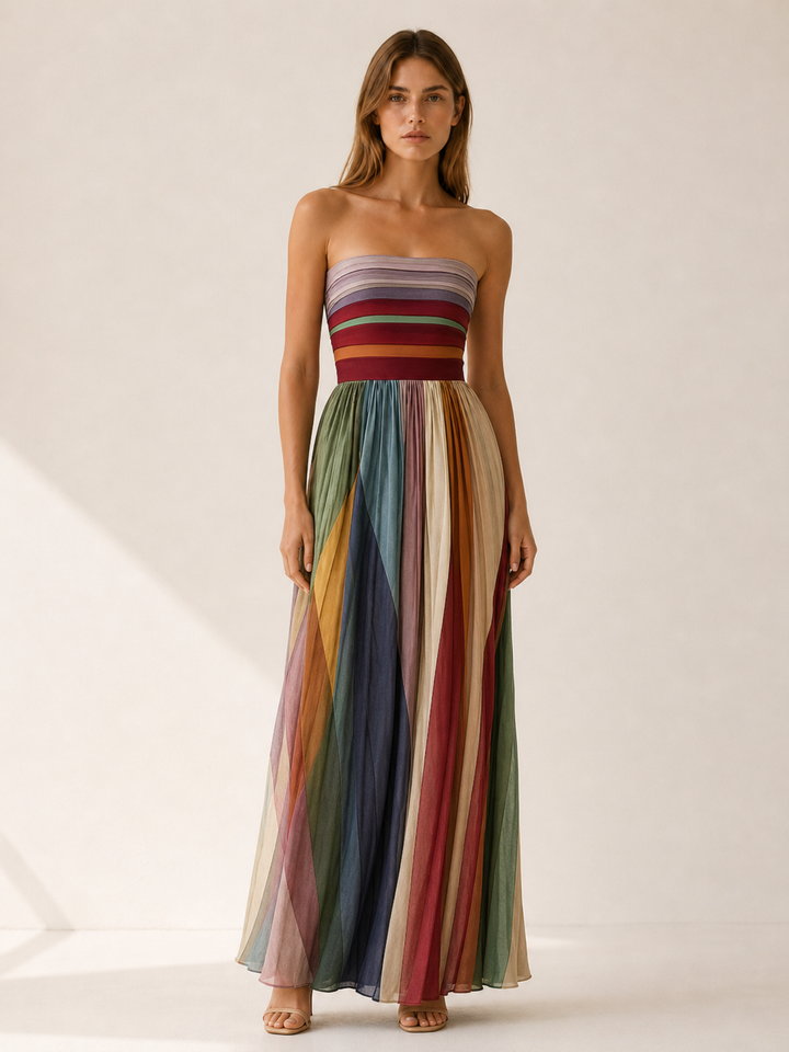 Multicolour Strapless Maxi Dress with Pleated Skirt – front view
