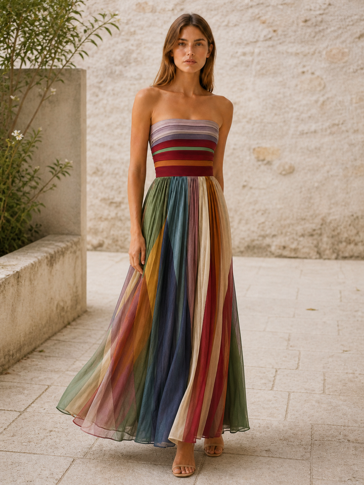 Multicolour Strapless Maxi Dress with Pleated Skirt – back view