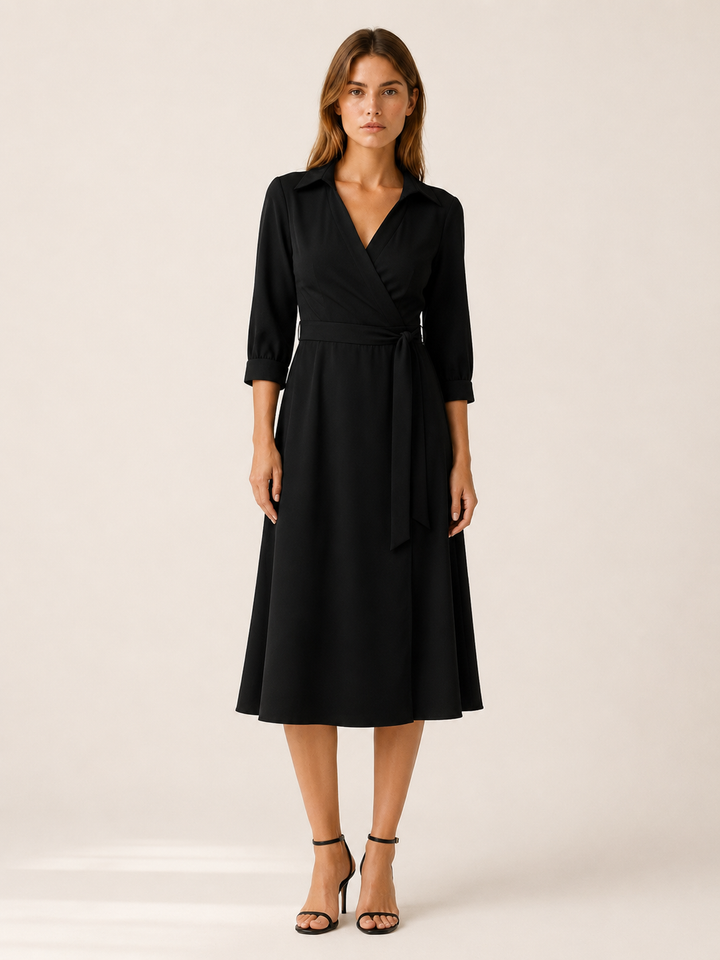 Black Wrap Midi Dress with Tie Waist and Collar – front view