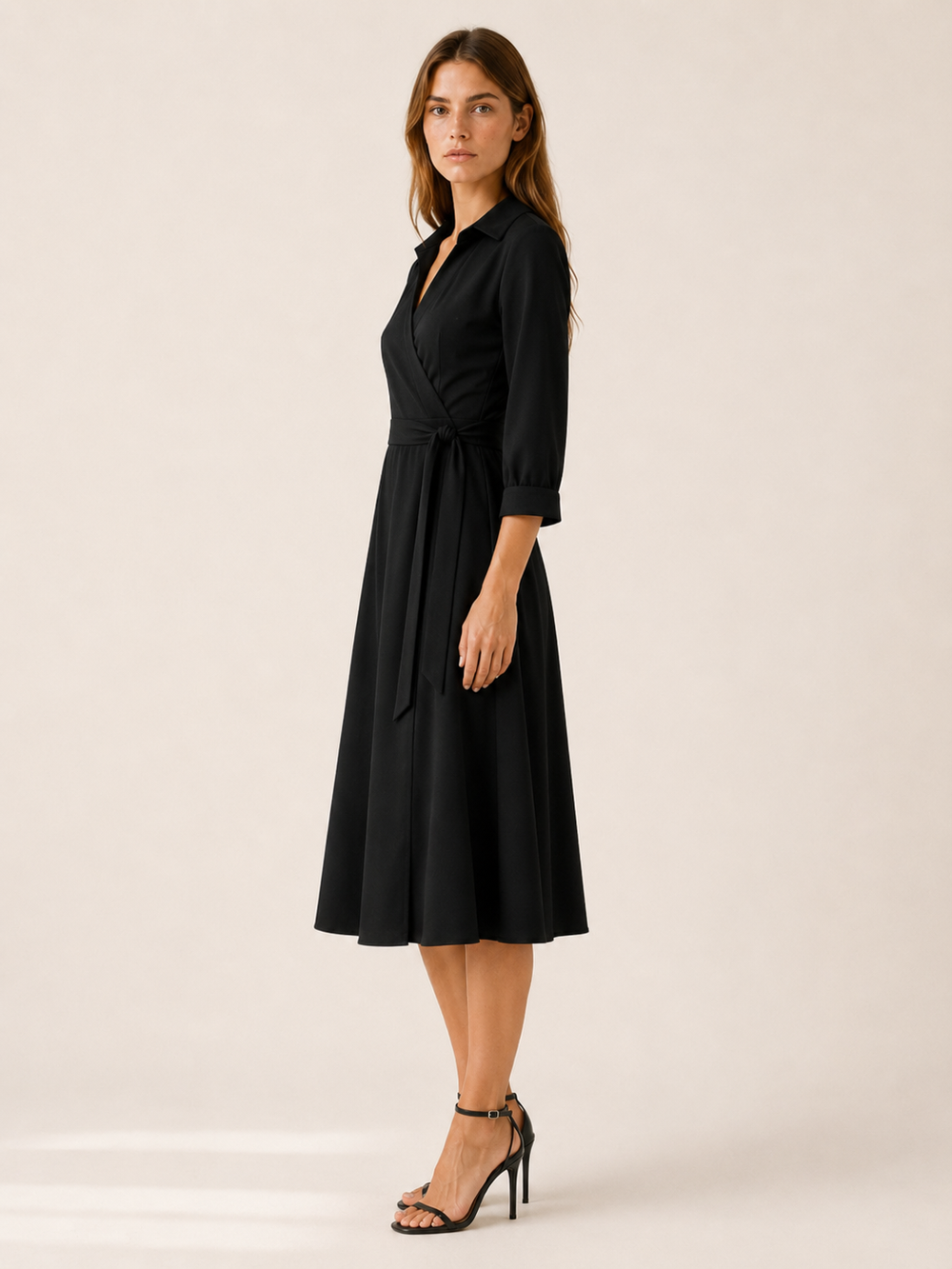 Sky Blue Wrap Midi Dress with Tie Waist and Collar – side view