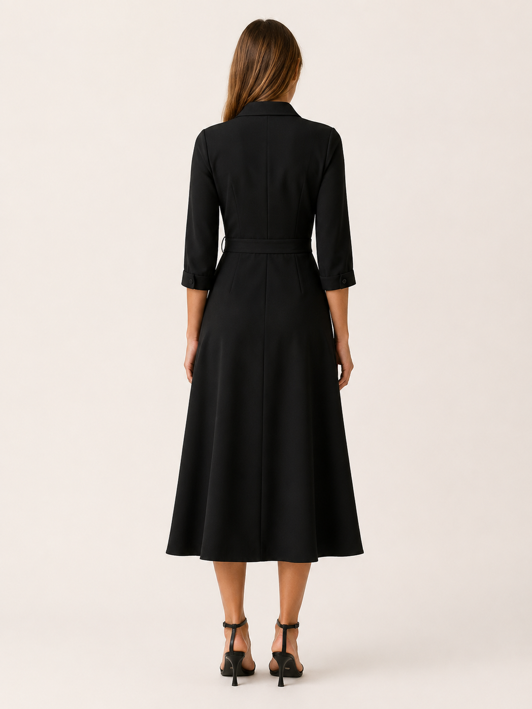 Black Wrap Midi Dress with Tie Waist and Collar – back view