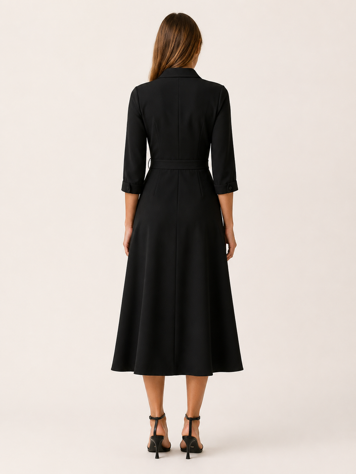 Black Wrap Midi Dress with Tie Waist and Collar – back view