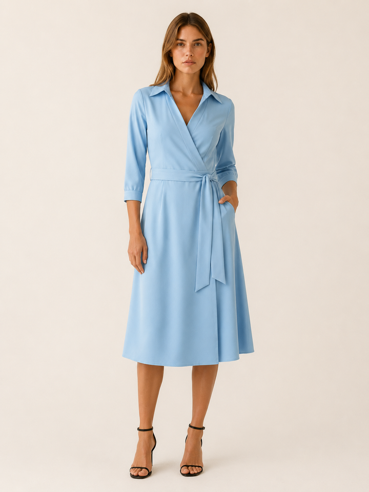 Sky Blue Wrap Midi Dress with Tie Waist and Collar – lifestyle