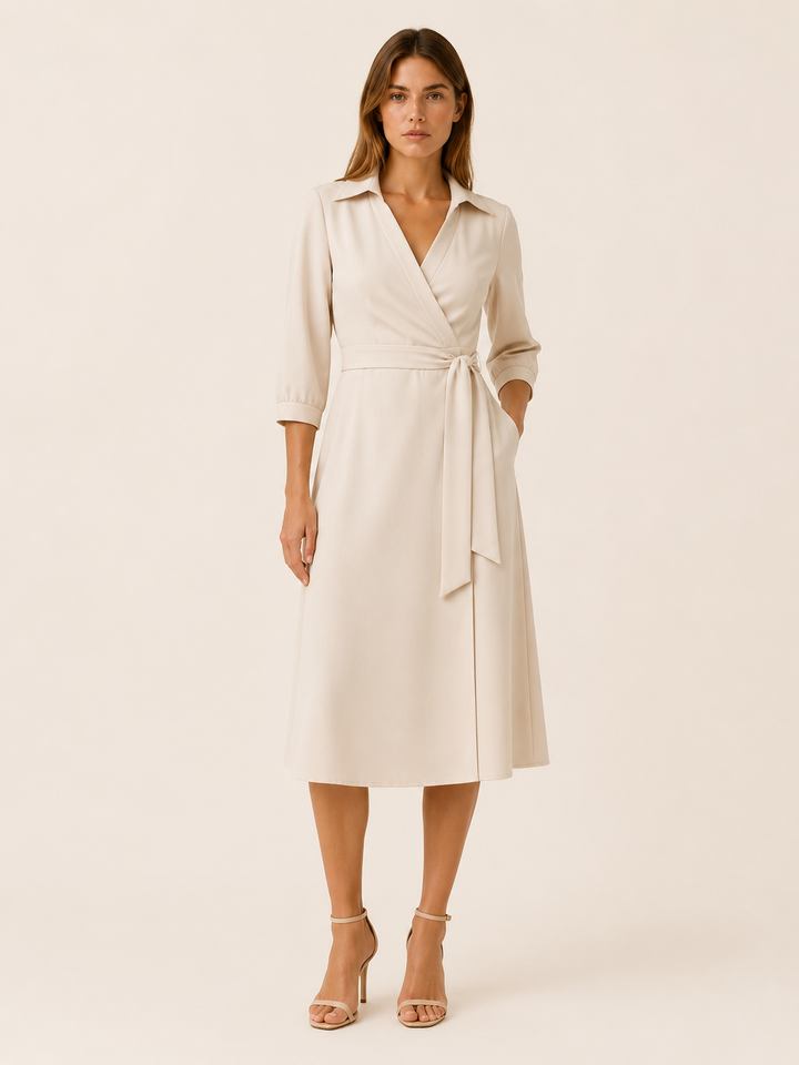 Black Wrap Midi Dress with Tie Waist and Collar – model view